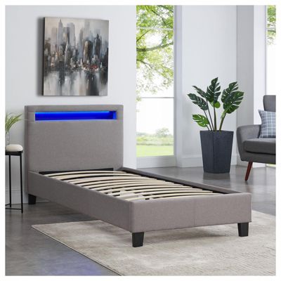 Lit LED simple 90x190 cm avec sommier, tête de lit confortable, lit 1 place revêtement en tissu gris, MOLINA