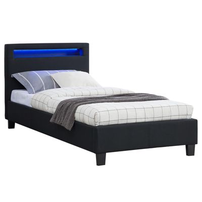 Lit LED simple 90x190 cm avec sommier, tête de lit confortable, lit 1 place revêtement en tissu noir, MOLINA