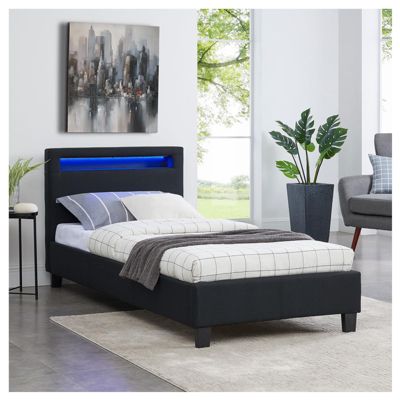 Lit LED simple 90x190 cm avec sommier, tête de lit confortable, lit 1 place revêtement en tissu noir, MOLINA