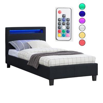 Lit LED simple 90x190 cm avec sommier, tête de lit confortable, lit 1 place revêtement en tissu noir, MOLINA