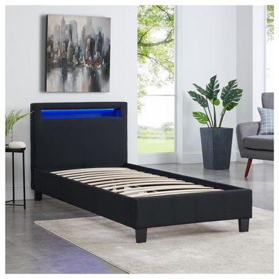 Lit LED simple 90x190 cm avec sommier, tête de lit confortable, lit 1 place revêtement en tissu noir, MOLINA