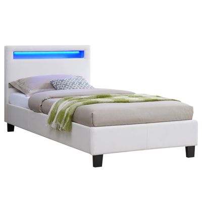 Lit LED simple 90x190 cm avec sommier, tête de lit confortable, lit 1 place revêtement synthétique blanc, LUCENO