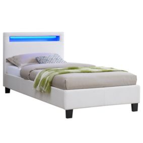 Lit LED simple 90x190 cm avec sommier, tête de lit confortable, lit 1 place revêtement synthétique blanc, LUCENO