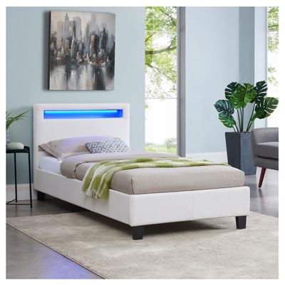 Lit LED simple 90x190 cm avec sommier, tête de lit confortable, lit 1 place revêtement synthétique blanc, LUCENO