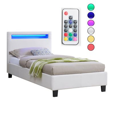 Lit LED simple 90x190 cm avec sommier, tête de lit confortable, lit 1 place revêtement synthétique blanc, LUCENO