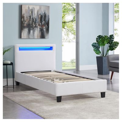 Lit LED simple 90x190 cm avec sommier, tête de lit confortable, lit 1 place revêtement synthétique blanc, LUCENO