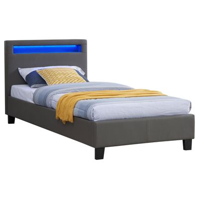 Lit LED simple 90x190 cm avec sommier, tête de lit confortable, lit 1 place revêtement synthétique gris, LUCENO