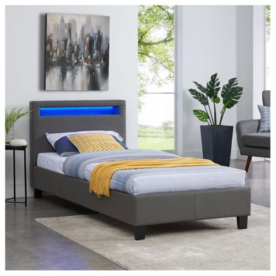 Lit LED simple 90x190 cm avec sommier, tête de lit confortable, lit 1 place revêtement synthétique gris, LUCENO