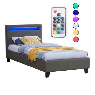 Lit LED simple 90x190 cm avec sommier, tête de lit confortable, lit 1 place revêtement synthétique gris, LUCENO