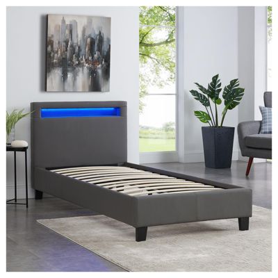 Lit LED simple 90x190 cm avec sommier, tête de lit confortable, lit 1 place revêtement synthétique gris, LUCENO