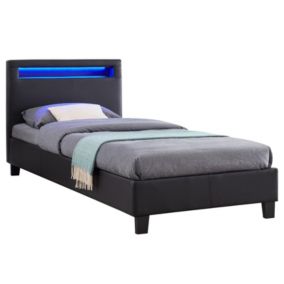 Lit LED simple 90x190 cm avec sommier, tête de lit confortable, lit 1 place revêtement synthétique noir, LUCENO