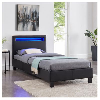 Lit LED simple 90x190 cm avec sommier, tête de lit confortable, lit 1 place revêtement synthétique noir, LUCENO