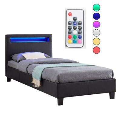 Lit LED simple 90x190 cm avec sommier, tête de lit confortable, lit 1 place revêtement synthétique noir, LUCENO