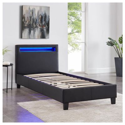 Lit LED simple 90x190 cm avec sommier, tête de lit confortable, lit 1 place revêtement synthétique noir, LUCENO