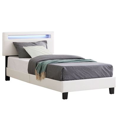 Lit LED simple 90x190 cm avec sommier, tête de lit réglable en hauteur, en synthétique blanc, EVAN