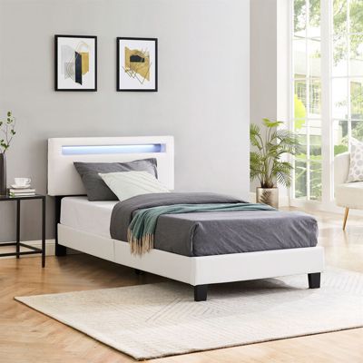 Lit LED simple 90x190 cm avec sommier, tête de lit réglable en hauteur, en synthétique blanc, EVAN