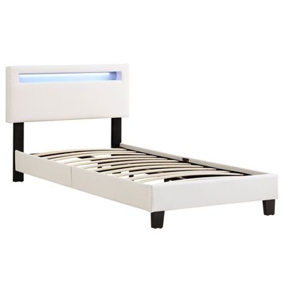 Lit LED simple 90x190 cm avec sommier, tête de lit réglable en hauteur, en synthétique blanc, EVAN