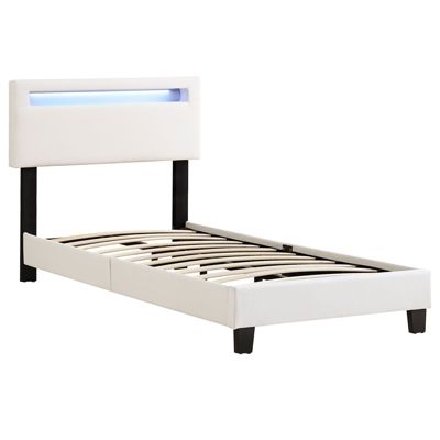 Lit LED simple 90x190 cm avec sommier, tête de lit réglable en hauteur, en synthétique blanc, EVAN