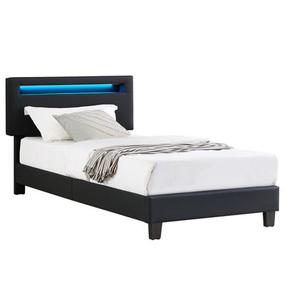 Lit LED simple 90x190 cm avec sommier, tête de lit réglable en hauteur, en synthétique noir, EVAN