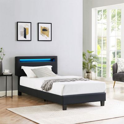 Lit LED simple 90x190 cm avec sommier, tête de lit réglable en hauteur, en synthétique noir, EVAN