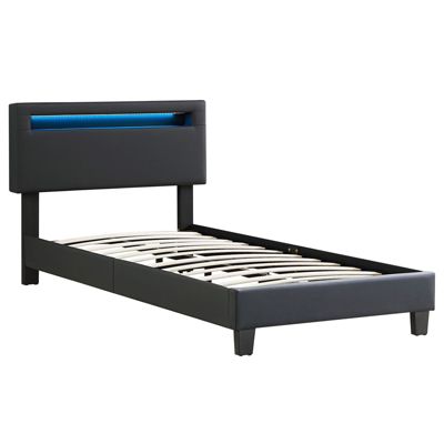 Lit LED simple 90x190 cm avec sommier, tête de lit réglable en hauteur, en synthétique noir, EVAN