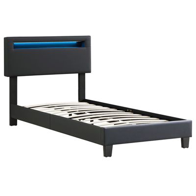 Lit LED simple 90x190 cm avec sommier, tête de lit réglable en hauteur, en synthétique noir, EVAN