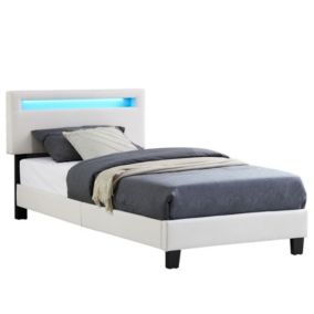 Lit LED simple 90x190 cm avec sommier, tête de lit réglable en hauteur, en tissu blanc, AUSTIN