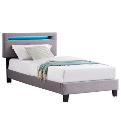 Lit LED simple 90x190 cm avec sommier, tête de lit réglable en hauteur, en tissu gris, AUSTIN