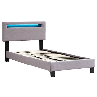 Lit LED simple 90x190 cm avec sommier, tête de lit réglable en hauteur, en tissu gris, AUSTIN