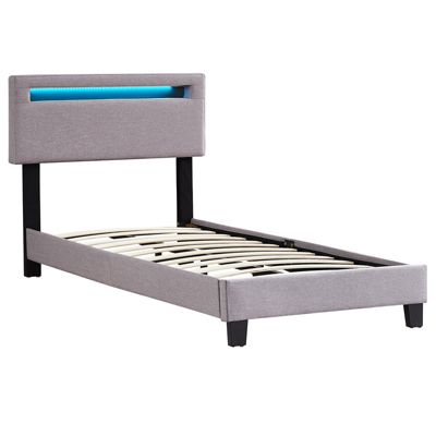 Lit LED simple 90x190 cm avec sommier, tête de lit réglable en hauteur, en tissu gris, AUSTIN