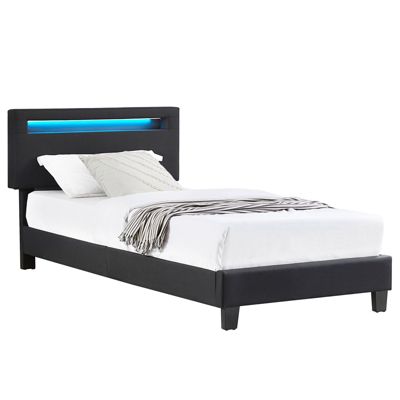 Lit LED simple 90x190 cm avec sommier, tête de lit réglable en hauteur, en tissu noir, AUSTIN