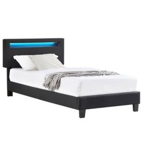 Lit LED simple 90x190 cm avec sommier, tête de lit réglable en hauteur, en tissu noir, AUSTIN