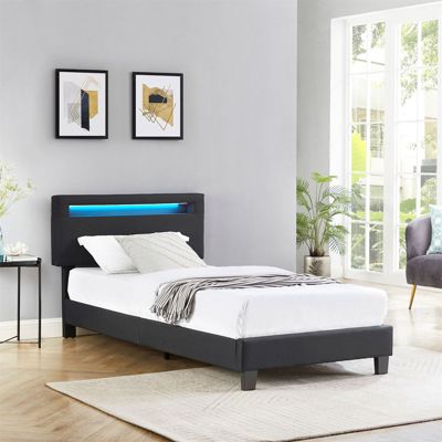 Lit LED simple 90x190 cm avec sommier, tête de lit réglable en hauteur, en tissu noir, AUSTIN