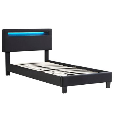 Lit LED simple 90x190 cm avec sommier, tête de lit réglable en hauteur, en tissu noir, AUSTIN