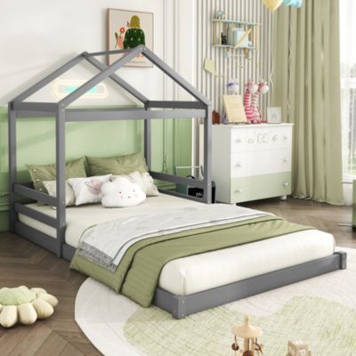 Lit Maison 140x200cm, Forme Maison, Pin Massif, Design Minimaliste, Gris