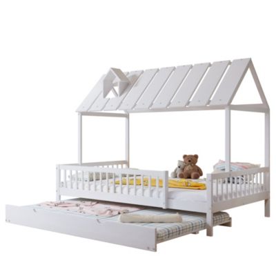 Lit maison avec lit gigogne   toit avec cheminée   lit enfant  adolescent   barrières 3 côtés   pin  MDF   blanc   120x200  190