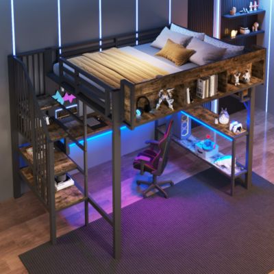 Lit mezzanine 140 x 200 cm avec prise USB et LED - avec bureau d'angle - Noir (matelas non inclus)