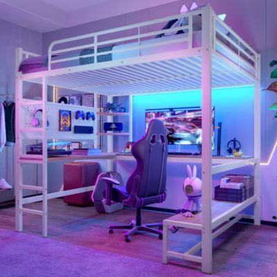 Lit Mezzanine 140x200 cm Ado/enfant avec Bureau, Étagères, LED, Barres de Sécurité, USB/Type-C - Métal - Blanc - Sans Matelas