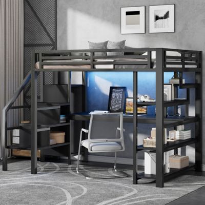 Lit Mezzanine 140x200 cm - avec Bureau Intégré et Rangement, LED et Ports USB - Métal - Noir