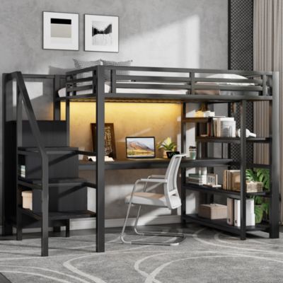 Lit Mezzanine 140x200 cm - avec Bureau Intégré et Rangement, LED et Ports USB - Métal - Noir