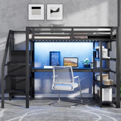 Lit Mezzanine 140x200 cm - avec Bureau Intégré et Rangement, LED et Ports USB - Métal - Noir