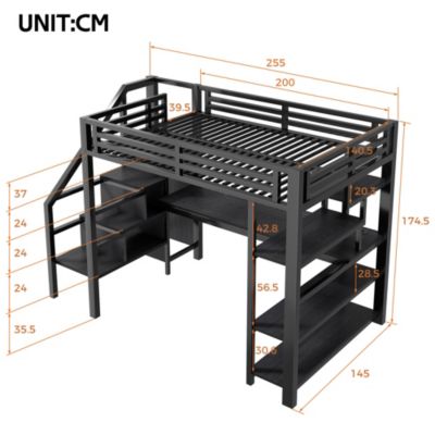 Lit Mezzanine 140x200 cm - avec Bureau Intégré et Rangement, LED et Ports USB - Métal - Noir