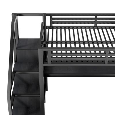 Lit Mezzanine 140x200 cm - avec Bureau Intégré et Rangement, LED et Ports USB - Métal - Noir