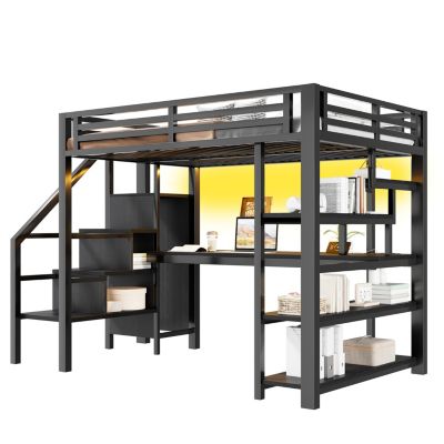 Lit Mezzanine 140x200 cm - avec Bureau Intégré et Rangement, LED et Ports USB - Métal - Noir