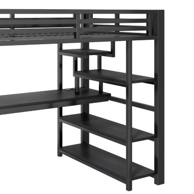 Lit Mezzanine 140x200 cm - avec Bureau Intégré et Rangement, LED et Ports USB - Métal - Noir