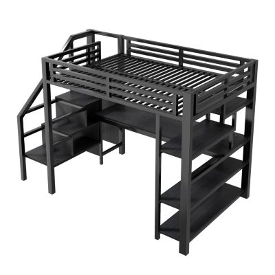 Lit Mezzanine 140x200 cm - avec Bureau Intégré et Rangement, LED et Ports USB - Métal - Noir