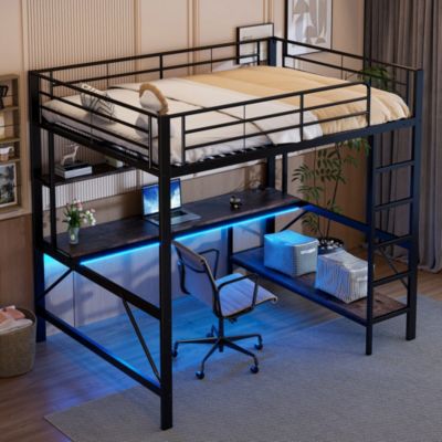 Lit mezzanine 140x200 cm avec bureau, étagères, LED et prise USB - lit ado/enfant gain de place - métal noir - sans matelas