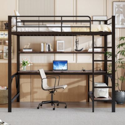 Lit mezzanine 140x200 cm avec bureau, étagères, LED et prise USB - lit ado/enfant gain de place - métal noir - sans matelas