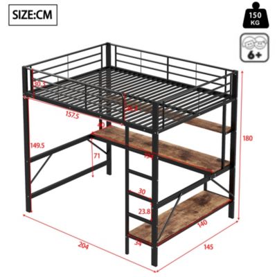 Lit mezzanine 140x200 cm avec bureau, étagères, LED et prise USB - lit ado/enfant gain de place - métal noir - sans matelas