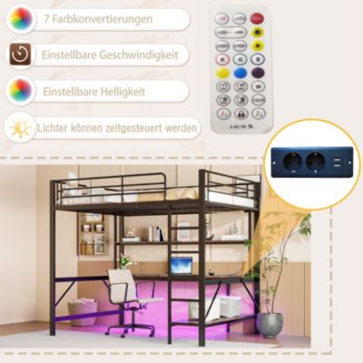 Lit mezzanine 140x200 cm avec bureau, étagères, LED et prise USB - lit ado/enfant gain de place - métal noir - sans matelas